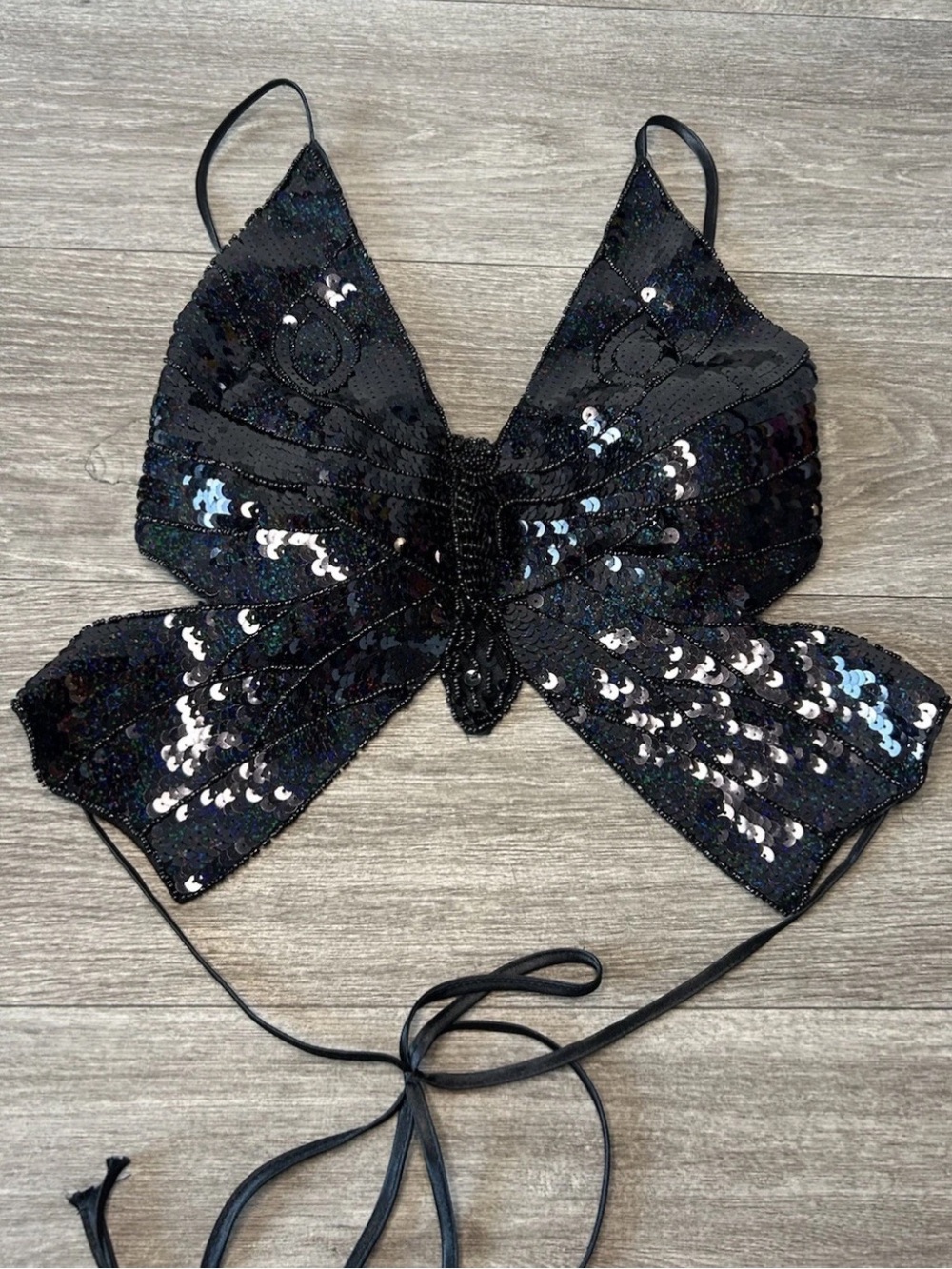 Y2K Black Sequin Butterfly Crop Top Open Back Festival Rave One Size